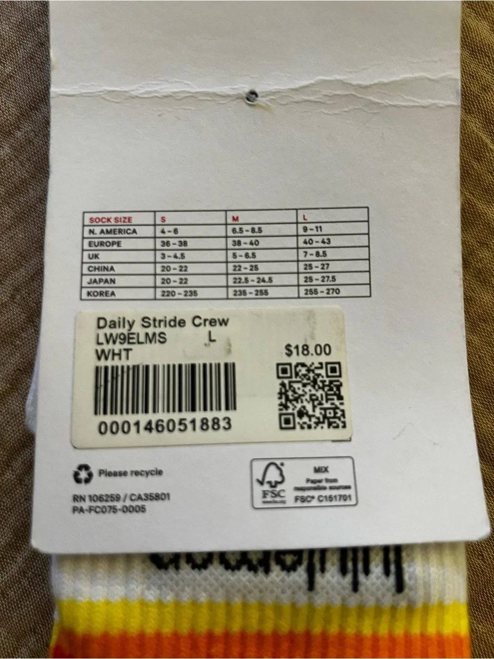 NWT Lululemon Daily Stride Crew Socks Rainbow Stripe White  (L)